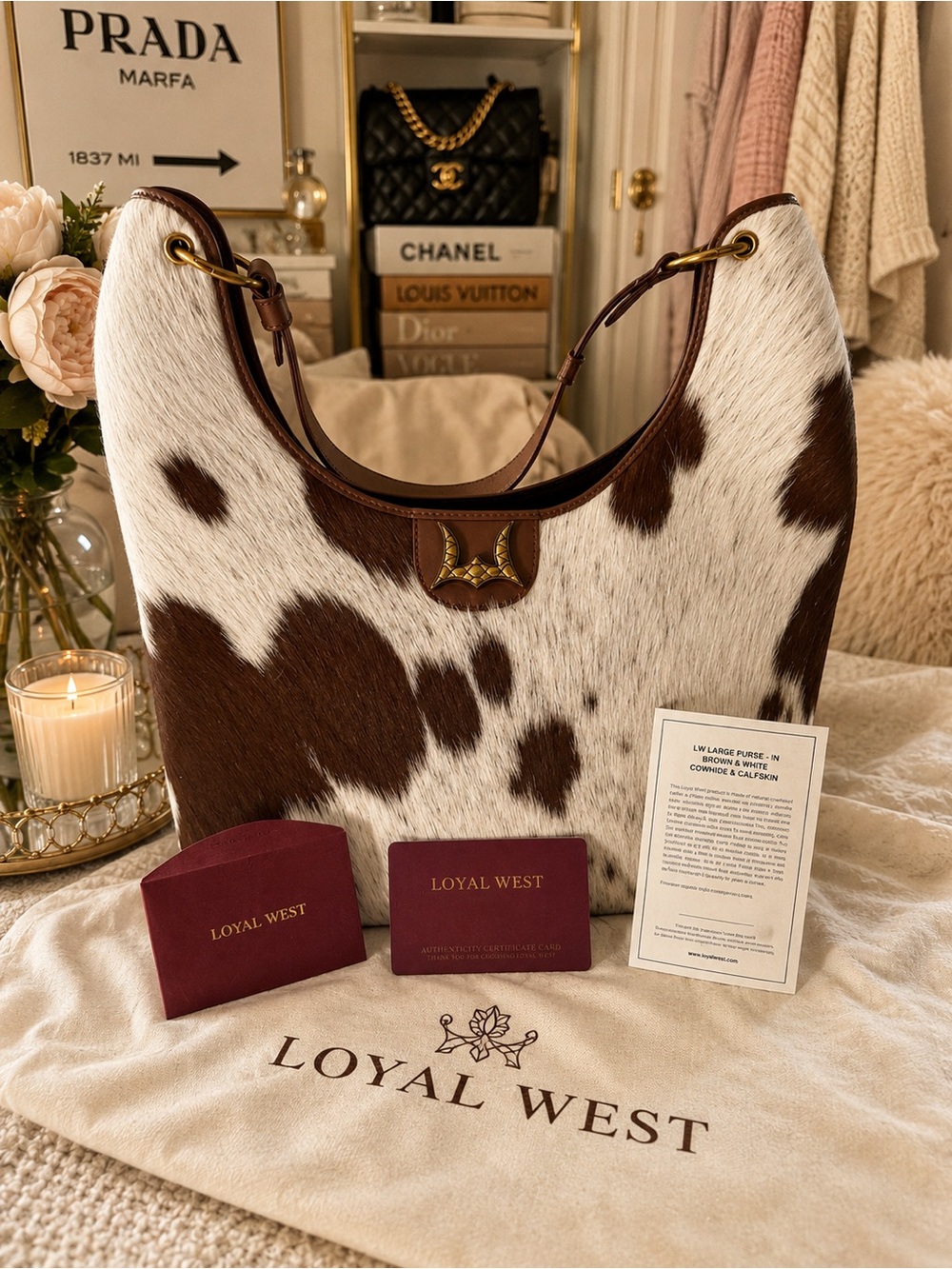 Cowhide Shoulder Bag in Brown and White - Chic Women’s Hobo